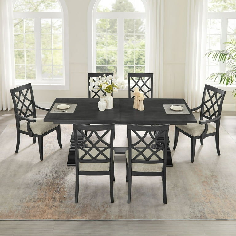 Transitional Dining Table Set with Lattice-Back Chairs and Dark Oak Finish