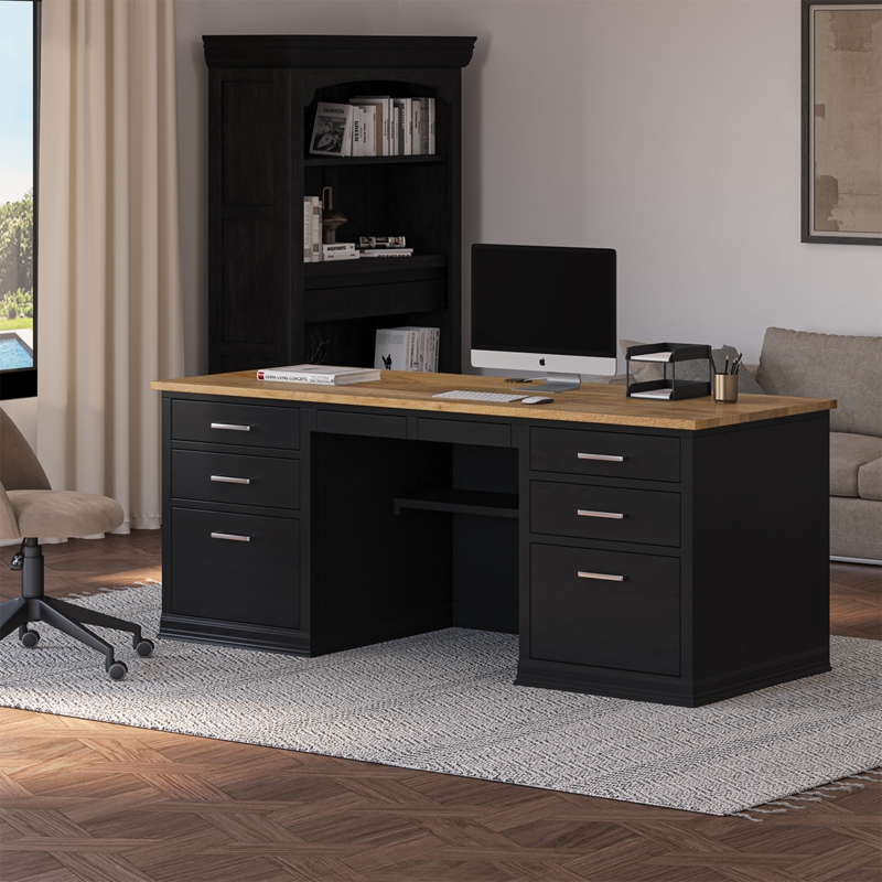 Transitional Executive Desk with Wood Top and Silver Horizontal Pulls