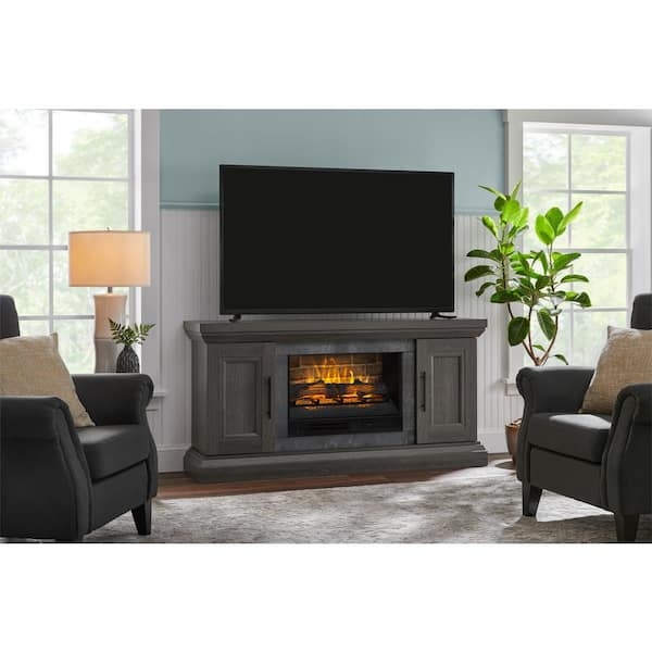 Transitional Fireplace Console Dark Cappuccino Ash Grain Finish 65 Inch