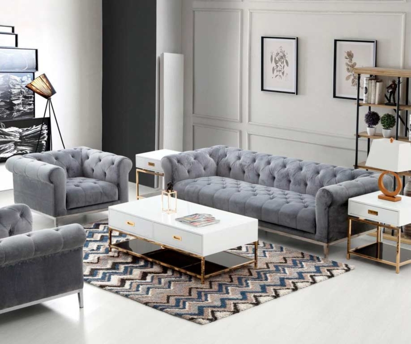 Transitional Grey Velvet Sofa with Rolled Arms and All-Over Tufting