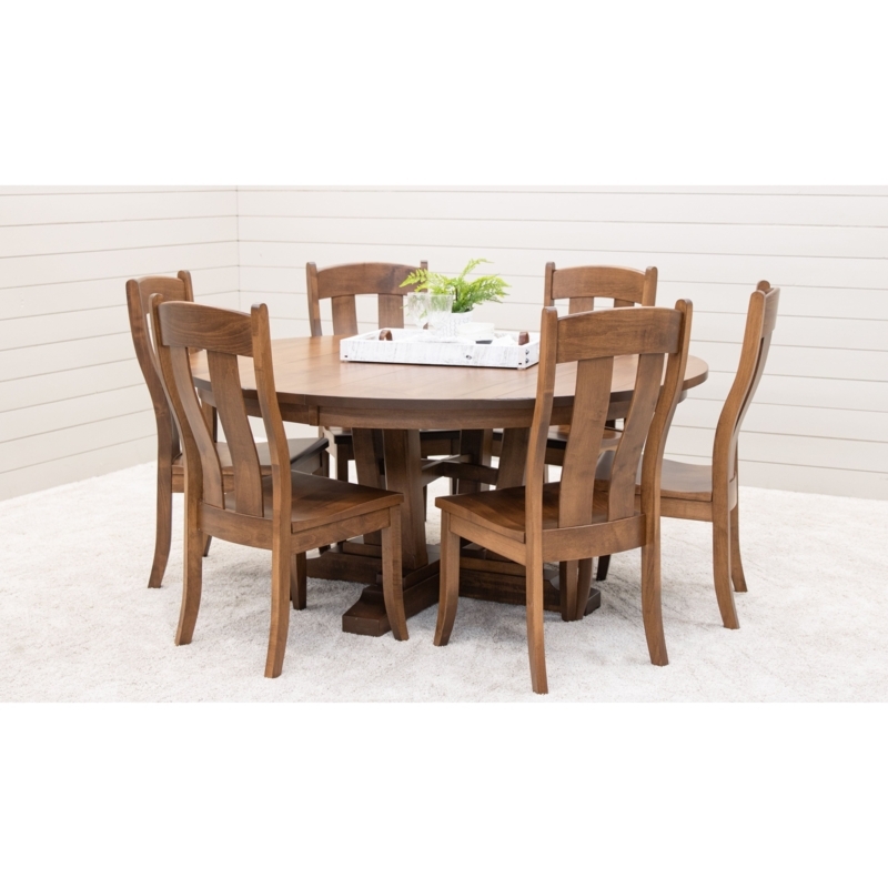 Transitional Honey Wood Dining Set with Slat Back Chairs