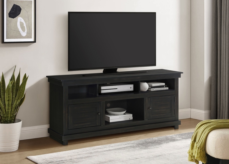 Transitional Media Console in Distressed Java Finish with Cubbies