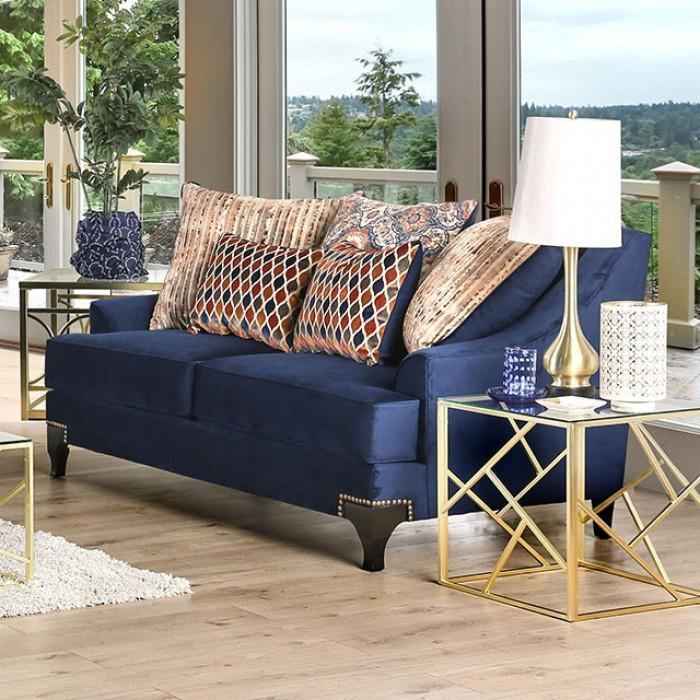 Transitional Navy Blue Sofa with Nailhead Trim and Flared Arms