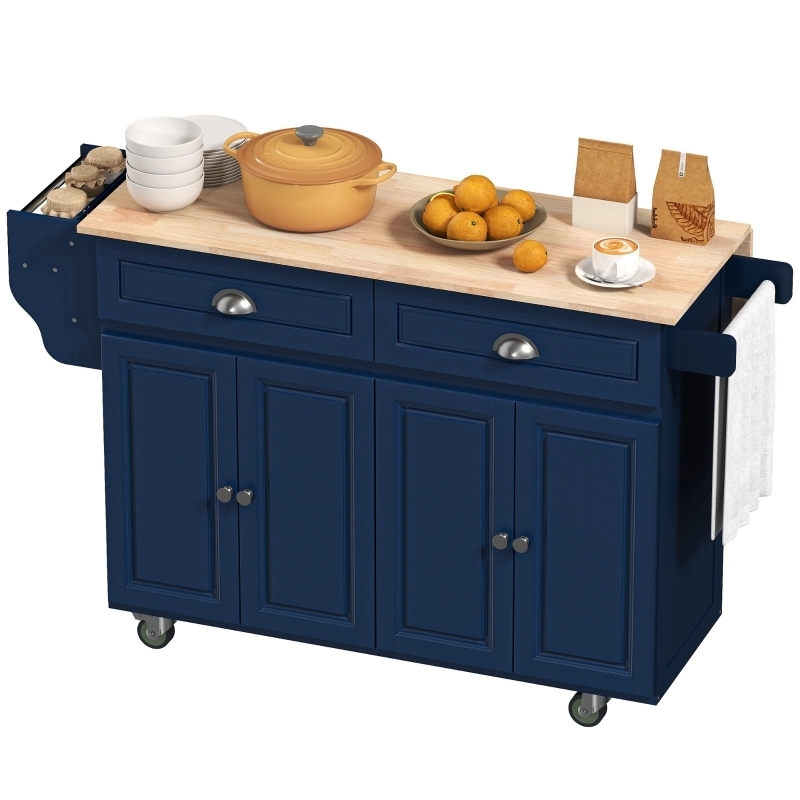 Transitional Navy Kitchen Cart with Silver Bin Pulls and Spice Rack
