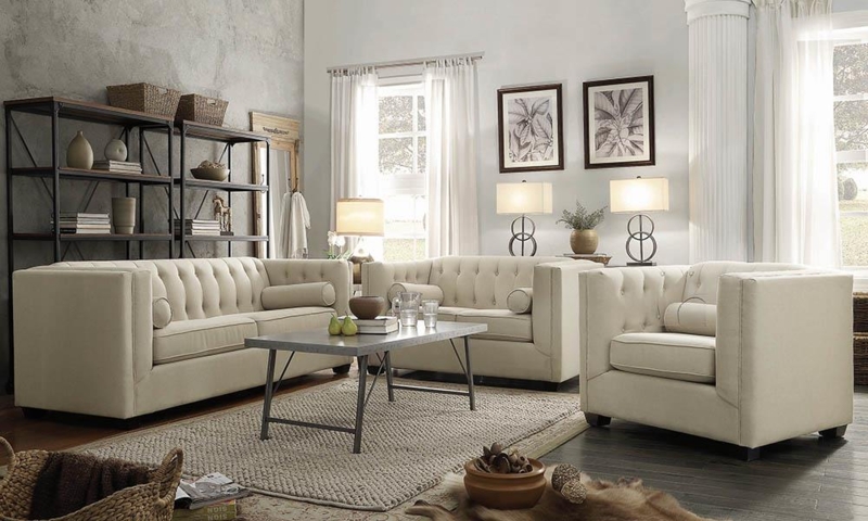 Transitional Oatmeal Loveseat with Button Tufted Back