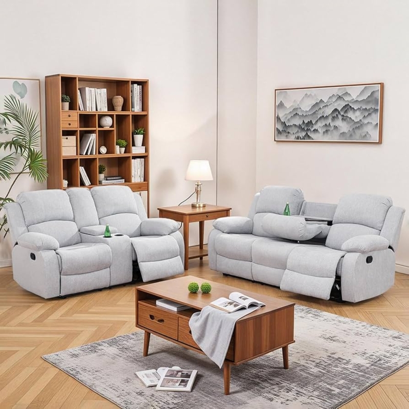 Transitional Reclining Set, Fabric Sofa and Loveseat with Consoles