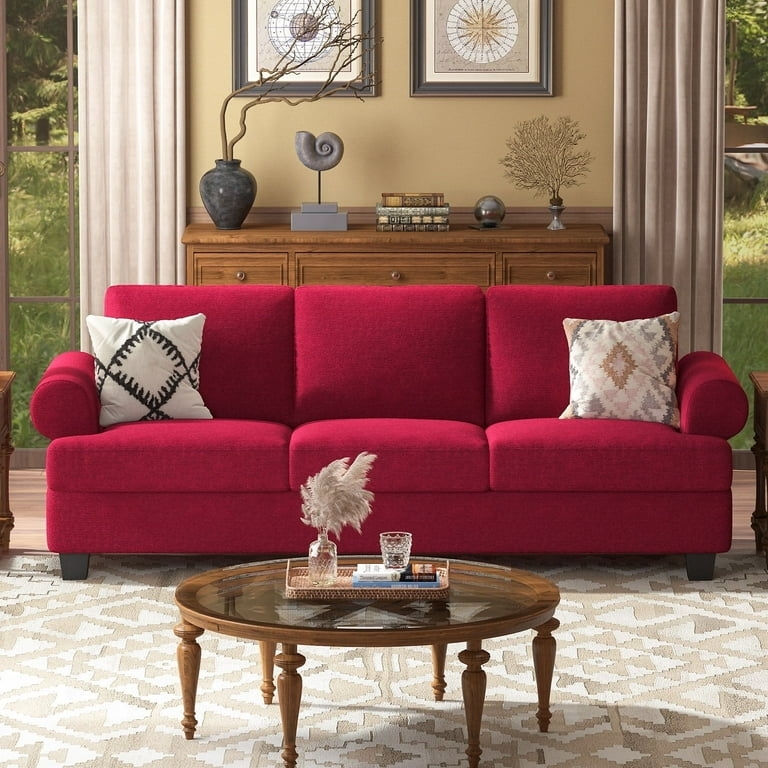 Transitional Rolled Arm Upholstered Sofa styled with Glass Top Table