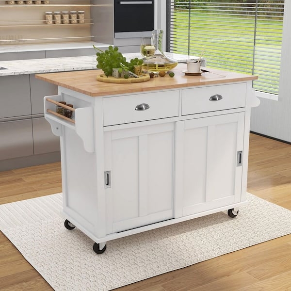 Transitional Rolling Kitchen Island with Sliding Doors and Drop Leaf