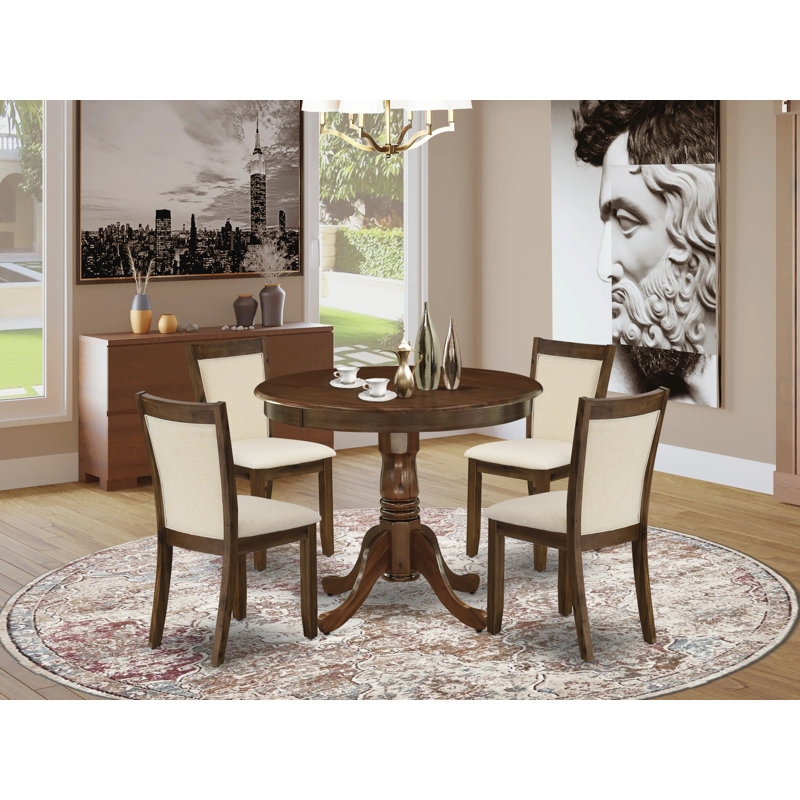 Transitional Round Dining Set with Cream Upholstered Chairs