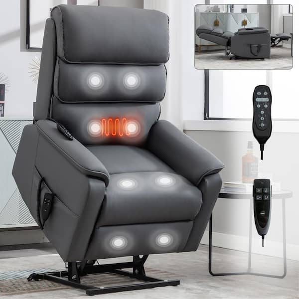 Transitional Smoke Grey Power Lift Recliner Leather Like Cup Holders