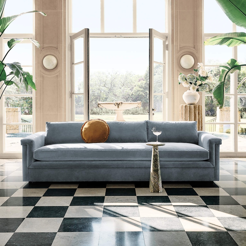 Transitional Sofa Light Blue Velvet Bench Seat Cushion Track Arms
