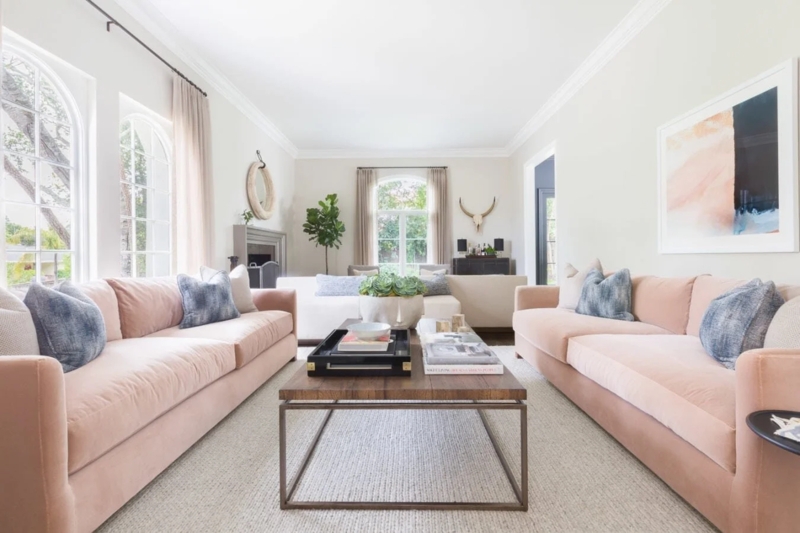 Transitional Sofa Symmetrical Seating Arrangement Dark Wood Table