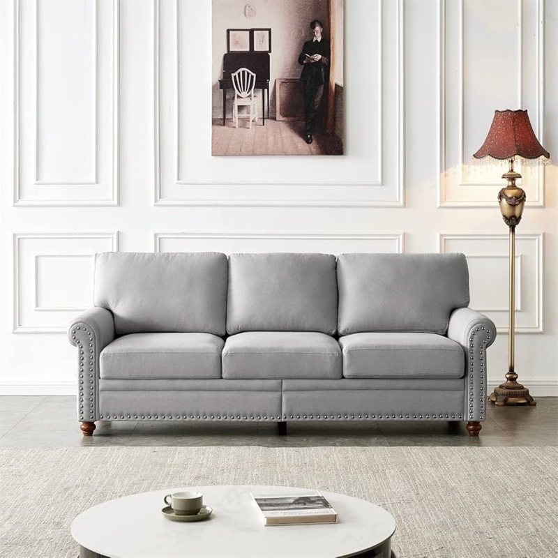 Transitional Sofa with Rolled Arms and Linen-Like Fabric
