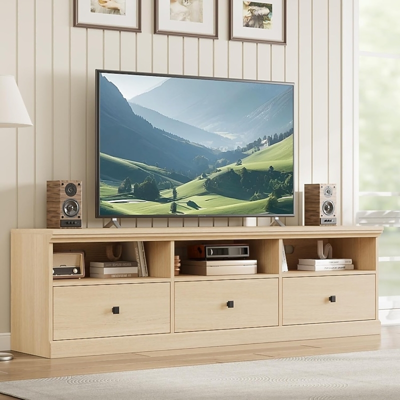 Transitional TV Stand with Three Drawer Storage and Open Shelves