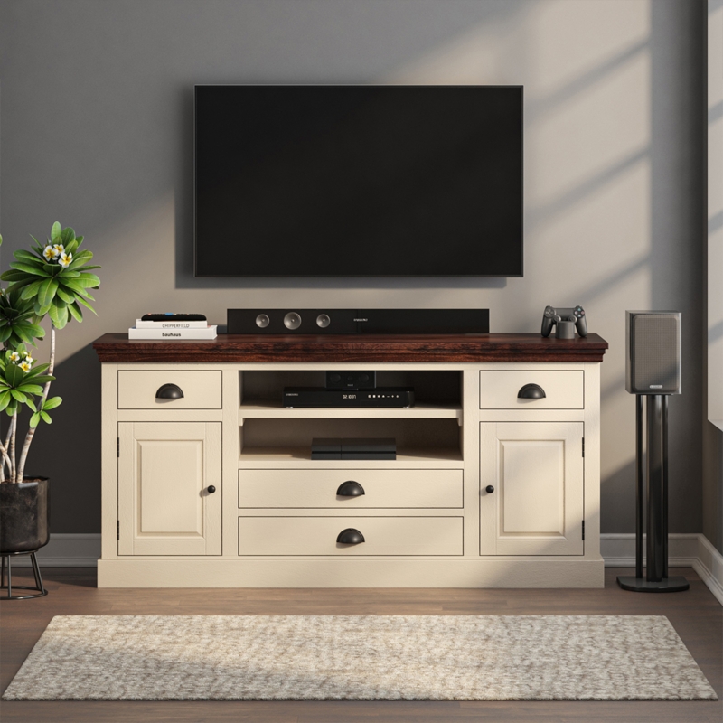 Transitional TV Stand with Two-Tone Finish and Recessed Panels