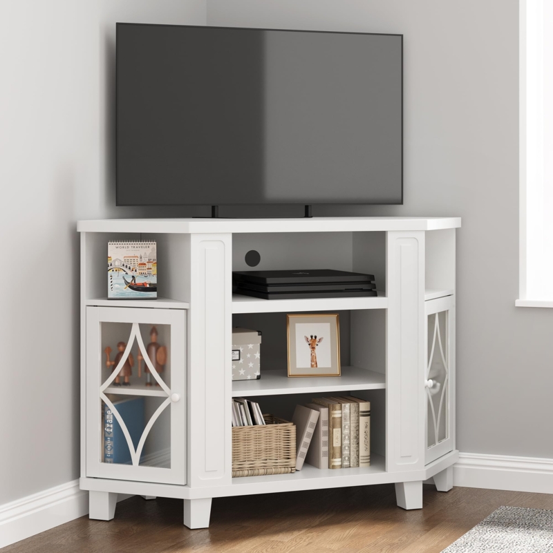 Transitional White TV Cabinet Satin Finish Diamond Lattice Glass