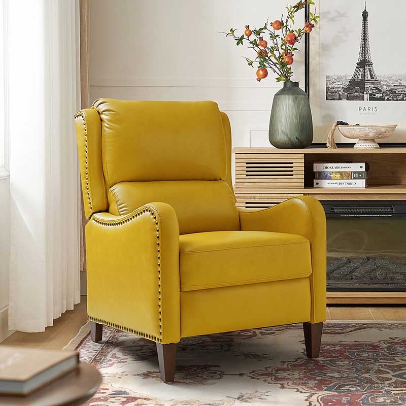 Transitional Wingback Recliner with Nailhead Trim and Dark Wood Legs