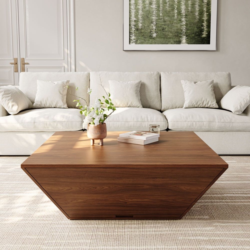 Trapezoidal Base Coffee Table, Square Walnut Veneer with Open Storage