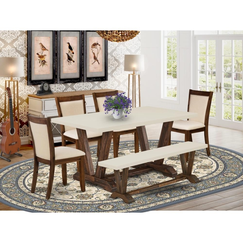 Trestle Dining Set with Distressed Jacobean Finish and Linen Chairs