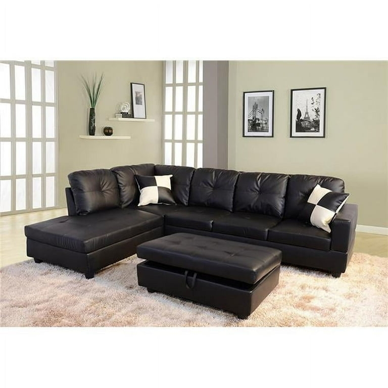 Tufted Back Sectional Sofa with Storage Ottoman, L-Shaped Couch Set