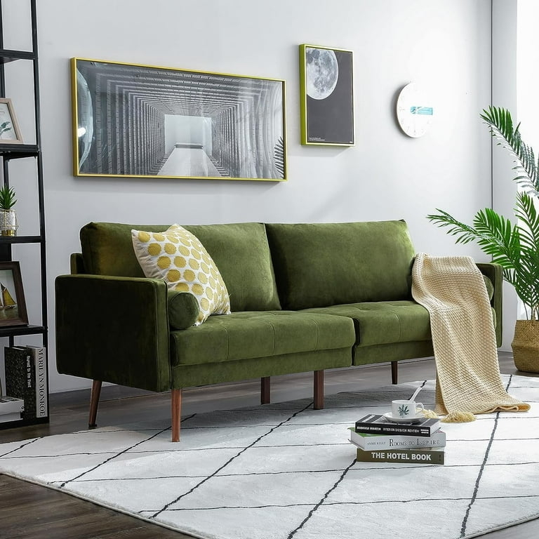 Tufted Back Sofa Mustard Green Velvet Bolster Pillows Tapered Legs