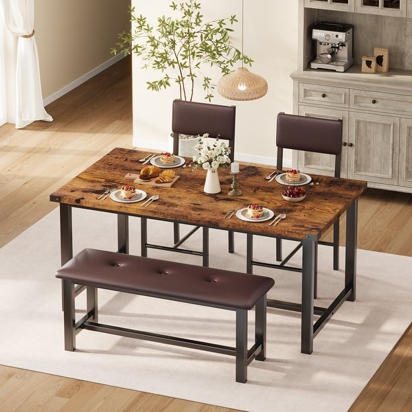 Tufted Bench Dining Set Industrial Rustic Modern Warm Brown Metal