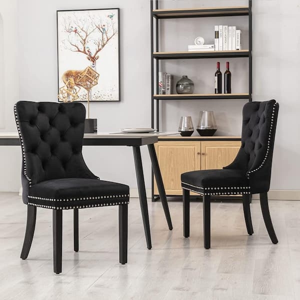 Tufted Dining Chairs Black Velvet Nailhead Trim Glam Seating