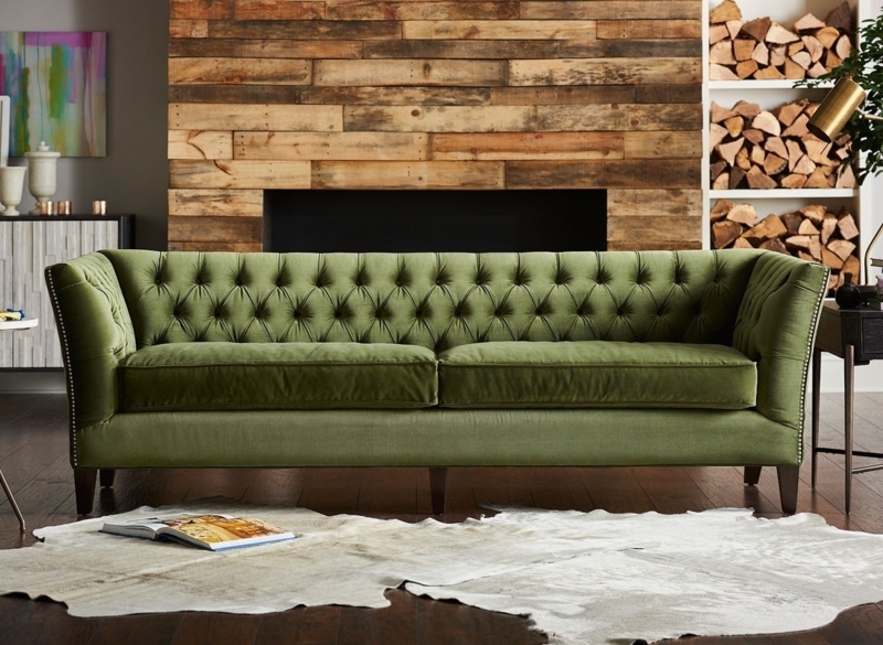 Tufted Emerald Velvet L-Shaped Sectional Sofa