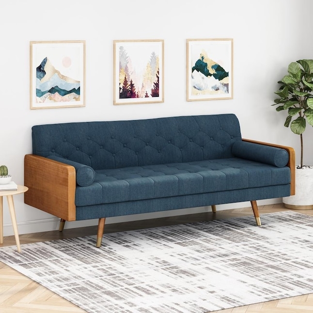 Tufted Fabric Sofa, Navy Blue, Walnut Side Panels, Brass-Tipped Legs