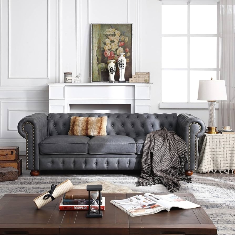 Tufted Faux Leather Couch, Traditional Chesterfield Style with Nailheads