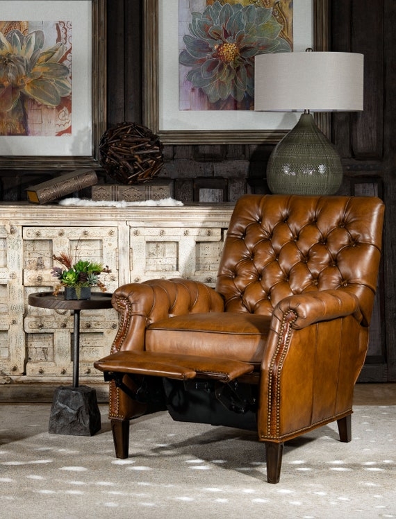 Tufted Recliner with Distressed Finish and Rustic Industrial Corner Chair