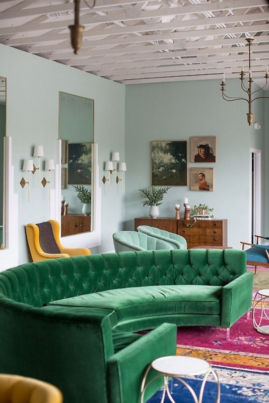 Tufted Sofa Emerald Green Velvet Curved Silhouette Mid-Century