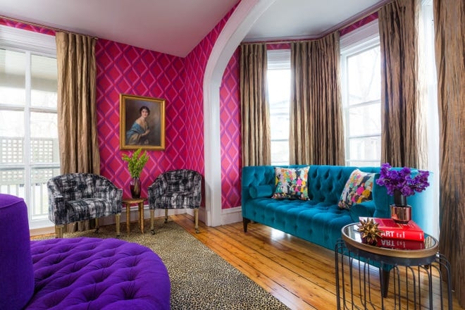 Tufted Sofa Teal Velvet Sofa Pink Trellis Wallpaper Leopard Print Rug