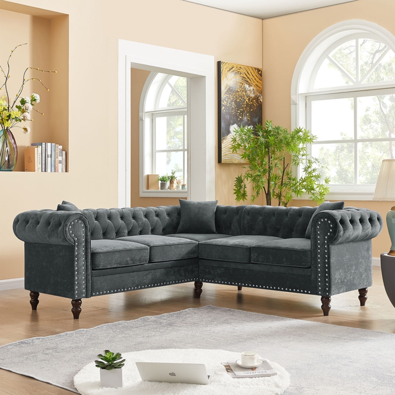 Tufted Velvet Sectional Sofa with Nailhead Accents in Chesterfield Style