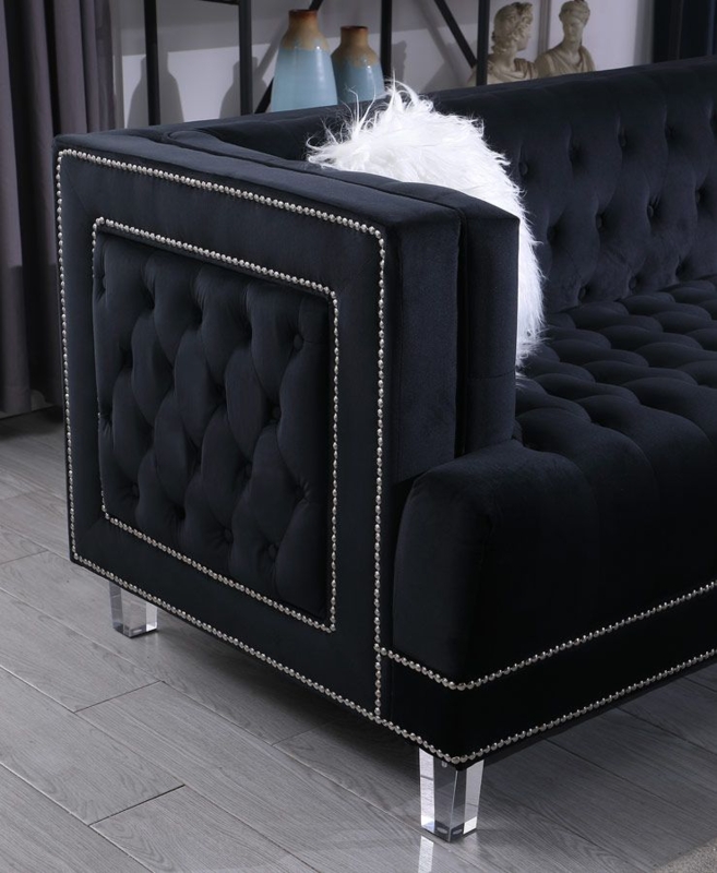 Tufted Velvet Sofa with Nailhead Trim and Clear Acrylic Legs