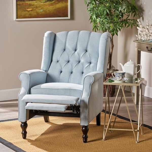 Tufted Wingback Recliner Light Sky Blue Turned Legs