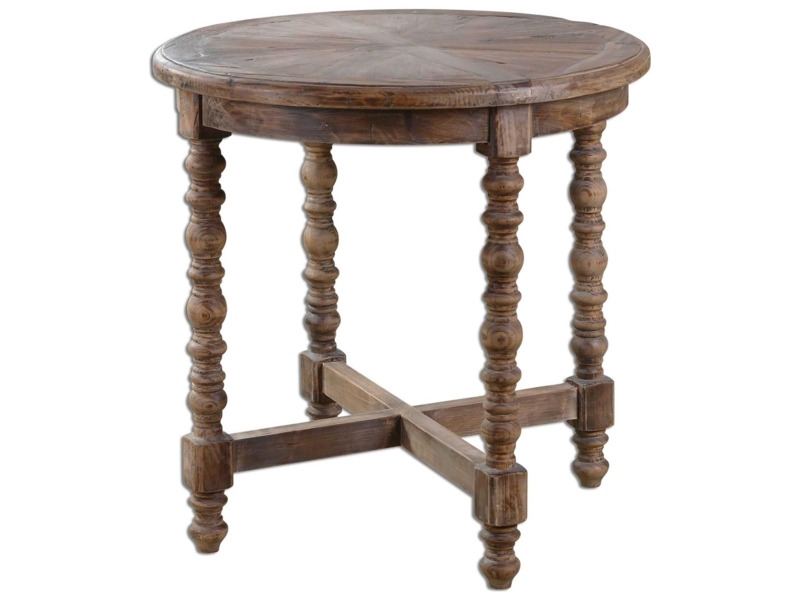 Turned Leg End Table, Round Rustic Wood with X-Stretcher