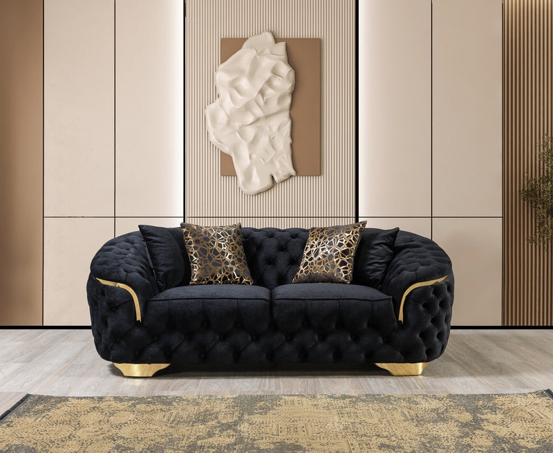 Tuxedo Sofa Black Velvet with All-Over Button Tufting and Gold Trim