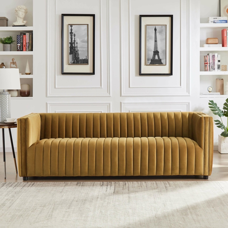Tuxedo Sofa in Ochre Yellow Velvet with Vertical Channel Tufting