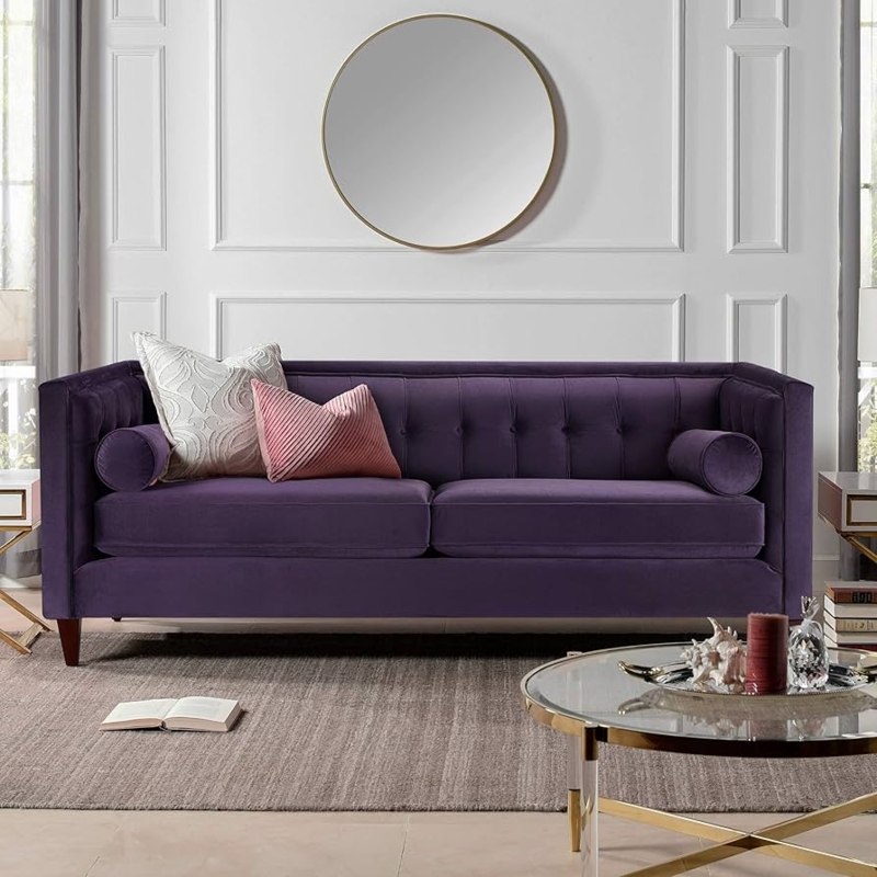 Tuxedo Sofa Purple Velvet Button Tufted Back Bolster Pillows