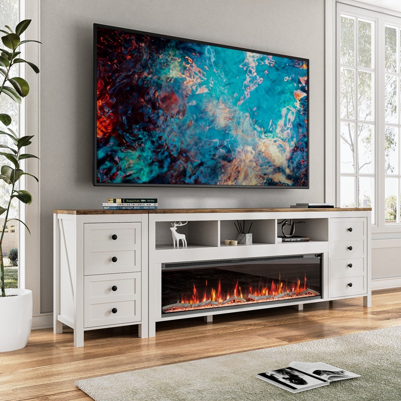 TV Stand 83 Inch Wide with Eight Drawers, Electric Fireplace Media Unit