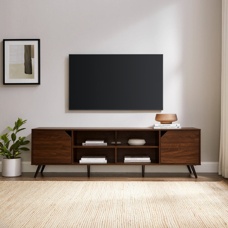 TV Stand Angled Door Cutouts Six Leg Base Long Minimalist TV Stand