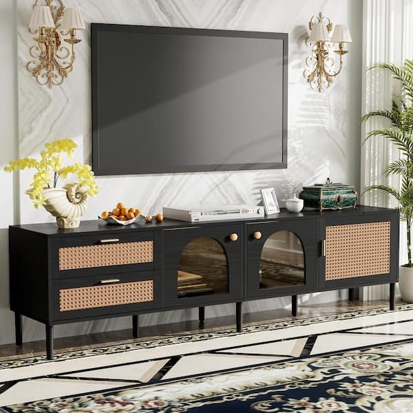 TV Stand Arched Glass Doors Rattan Fronts Interior Lighting