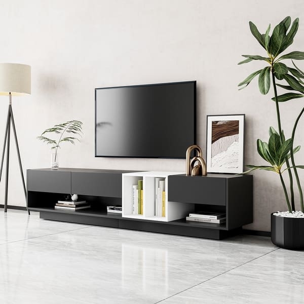 TV Stand Asymmetrical White Insert Handleless Flat Fronts Low Profile