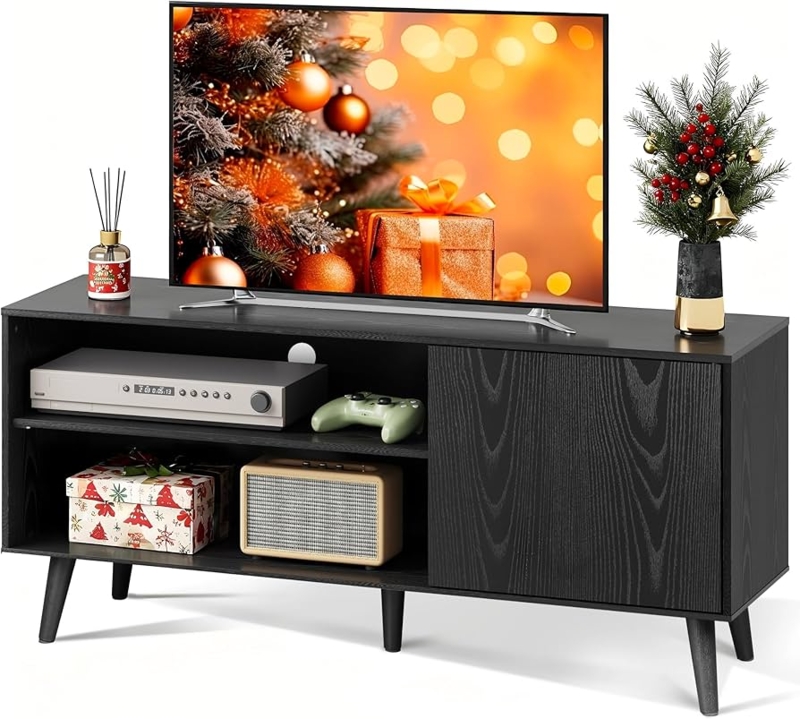 TV Stand Black Wood Grain Sliding Door Media Console With Tapered Legs
