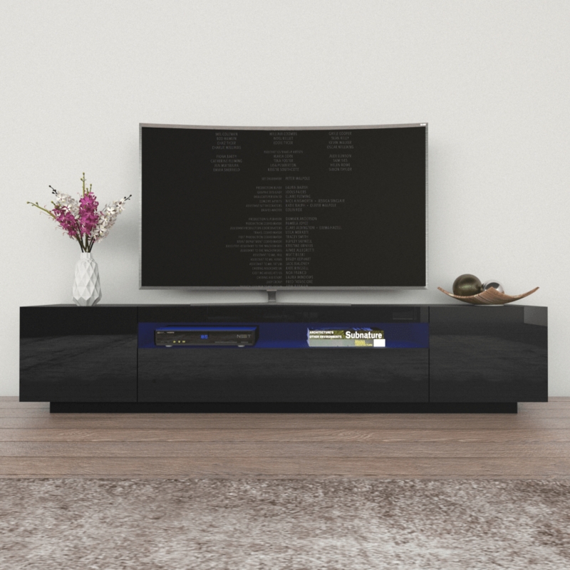 TV Stand Blue LED Lighting High Gloss Handleless Doors 79 Inch Width