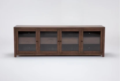 Tv Stand Brown Wood Media Console with Four Glass Door Cabinets