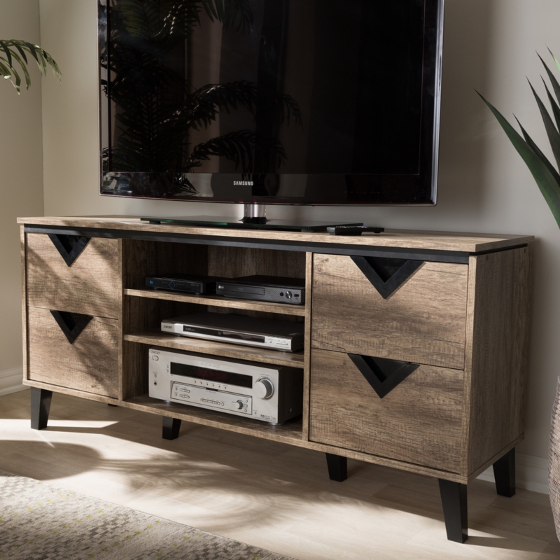 TV Stand Contemporary Light Brown Wood with Unique Triangular Handles