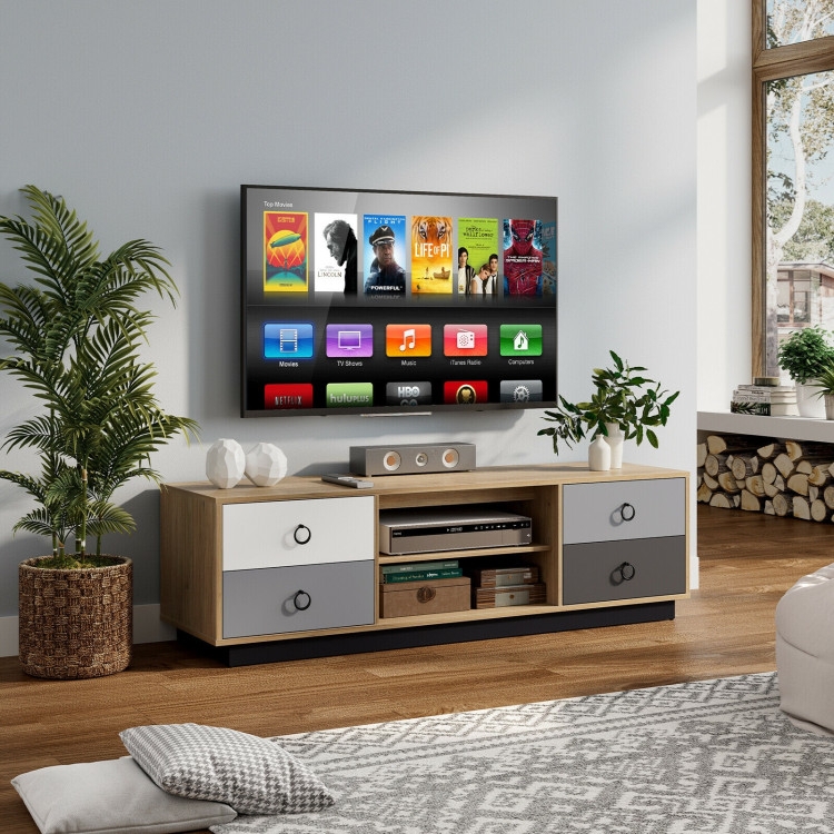 TV Stand Contemporary Wood with Grayscale Gradient Drawers & Ring Pulls