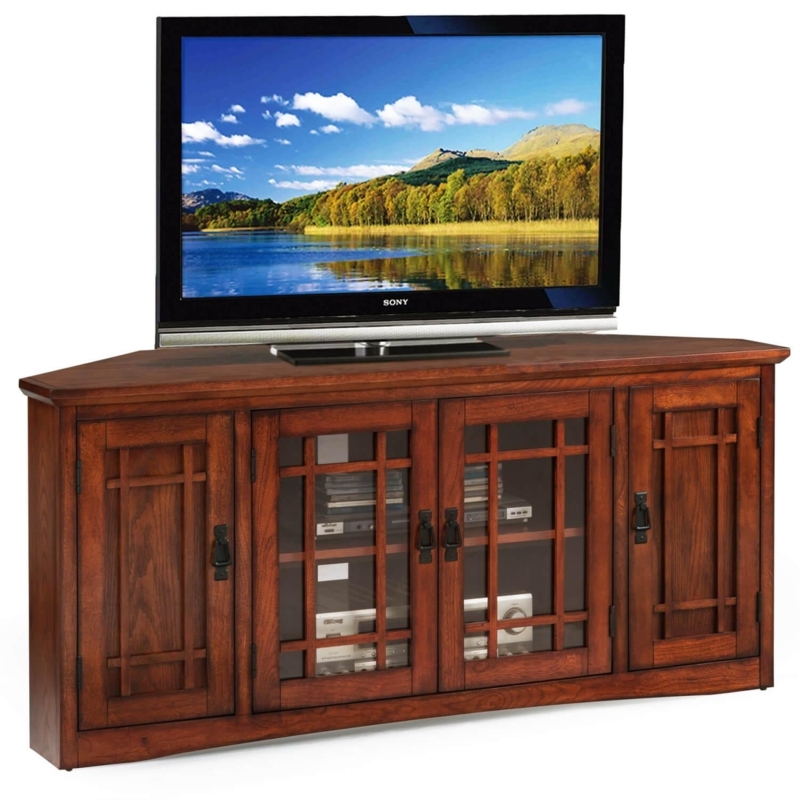 TV Stand Craftsman Style Corner Fit Reddish Brown Lattice Doors